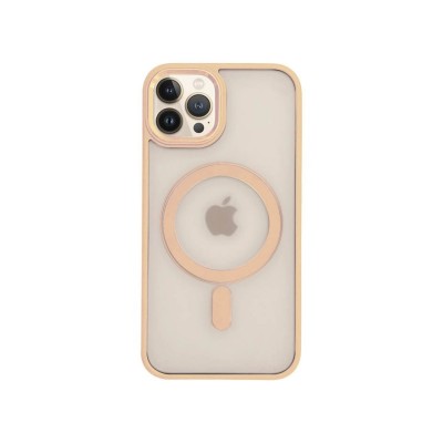 Husa iPhone 13 Pro Max, Premium MagSafe, Butoane Metalice, Spate Transparent, Rama Roz